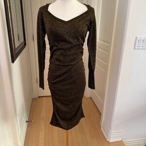 Brown Bodycon Dress with Long Sleeves and V-Neck for Cocktail